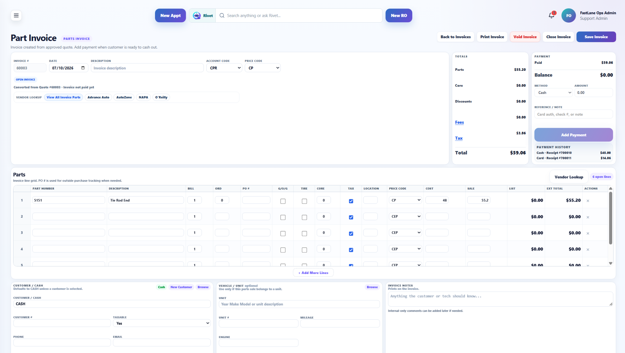FastLane Ops Parts Invoice