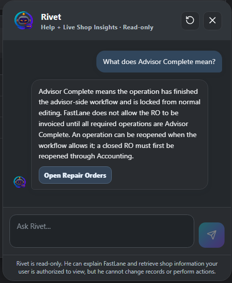 Rivet explaining a FastLane Ops status