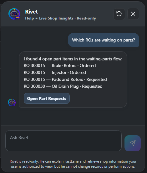 Rivet in dark mode answering a question about repair orders waiting on parts