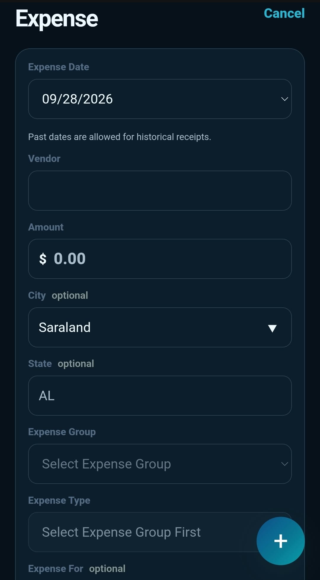 XPNC mobile expense entry screen