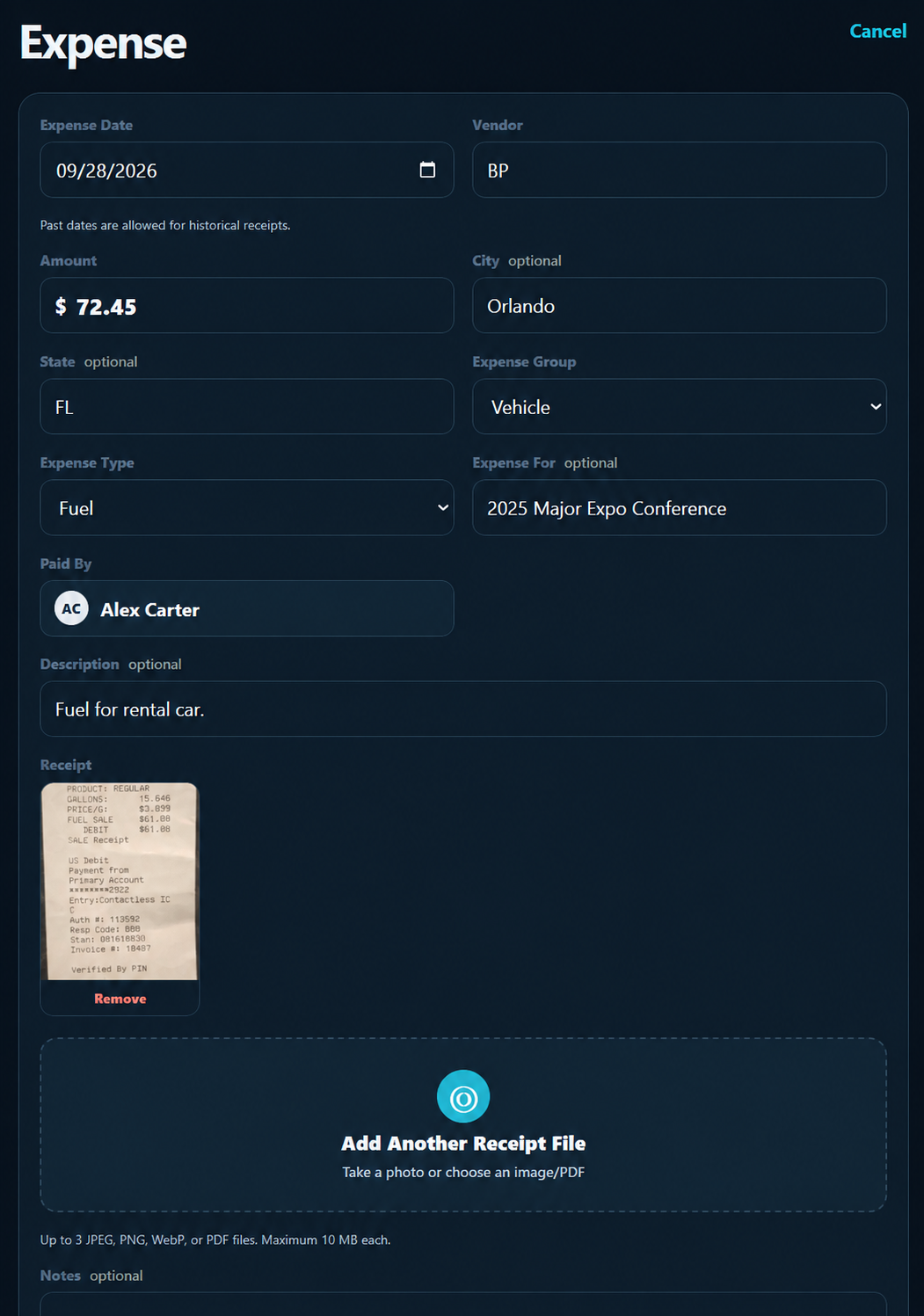 Completed XPNC expense with an attached receipt