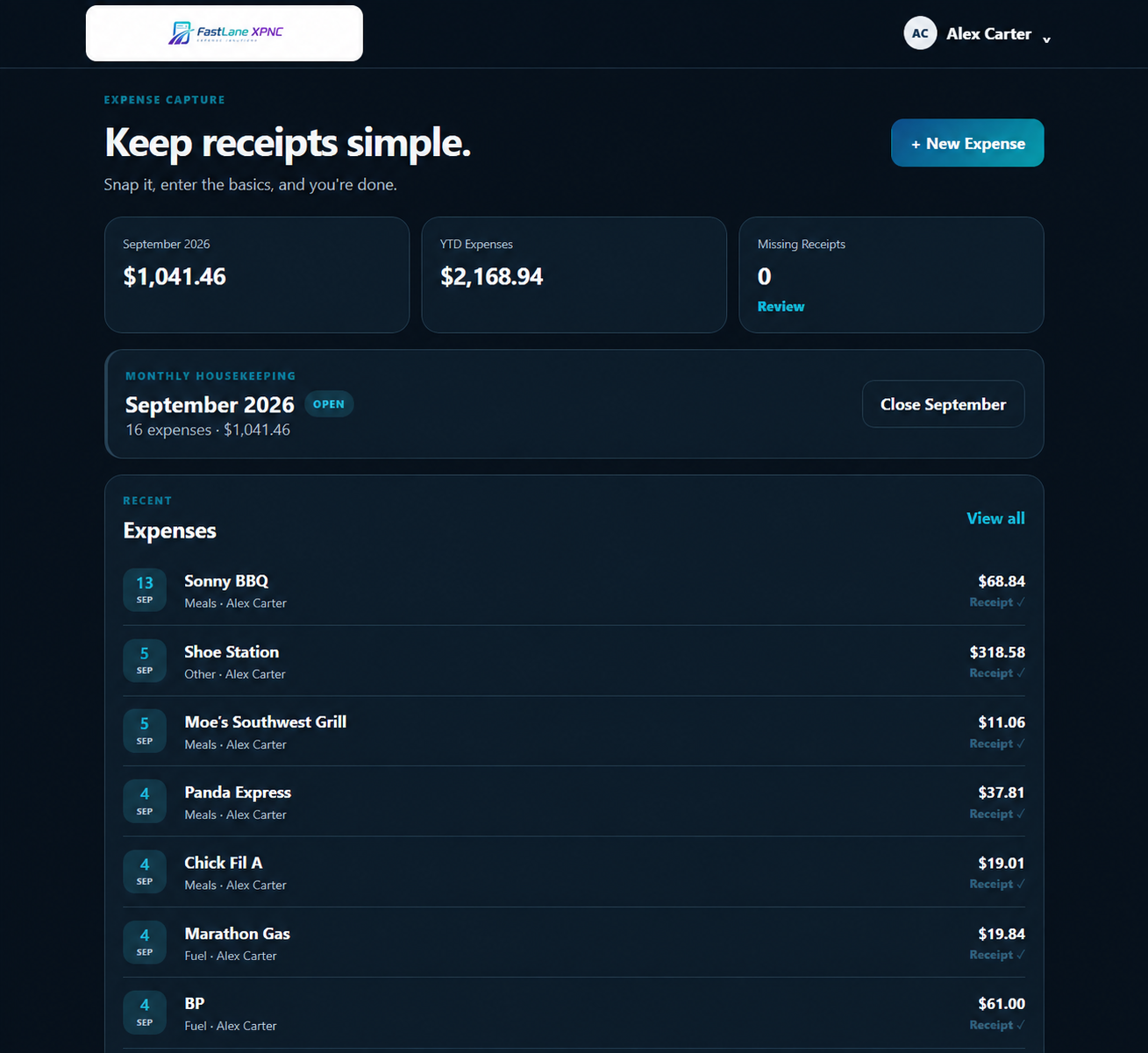 XPNC dashboard showing monthly expenses and receipt status